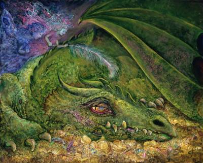 Josephine Wall, Never tickle a sleeping Dragon, 80x64cm, 215 Farben, eckige Steine, Vollbild