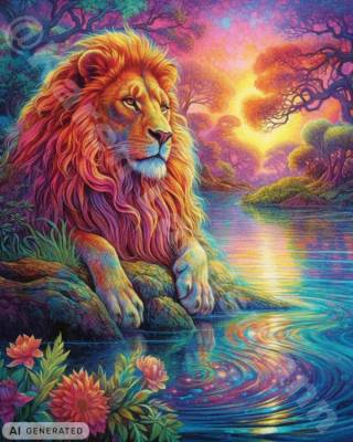 Diamond Painting Bild, Farbenfroher Löwe, 70x90cm, 70 Farben, runde Steine, Vollbild