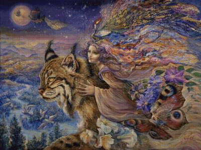 Josephine Wall, Flight of the Lynx, 100x75cm, 165 Farben, runde Steine, Vollbild