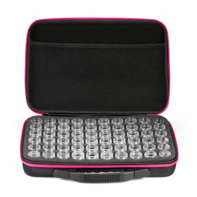 Sorting case, black case with purple rim, contents 60 screw cap jars.