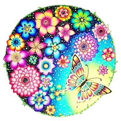 Blumen mit Schmetterling, eckige Steine, 50x50cm,  43 Farben, Vollbild
