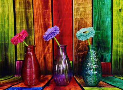 Diamond Painting picture, colorful vases, square stones, 60 colours incl. 5 AB, 50x70cm, full picture