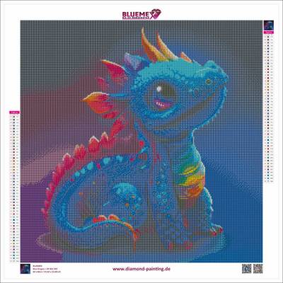 Diamond Painting Bild, blaues Drachenbaby, eckige Steinchen, 50 Farben, 60x60cm, Vollbild