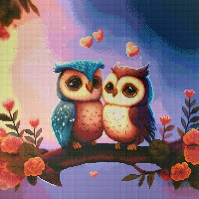 Diamond Painting Bild, Eulenpaar, eckige Steinchen, 50x50cm, 61 Farben inkl. 3 AB, Vollbild