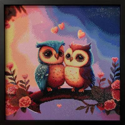 Diamond Painting Bild, Eulenpaar, eckige Steinchen, 50x50cm, 61 Farben inkl. 3 AB, Vollbild