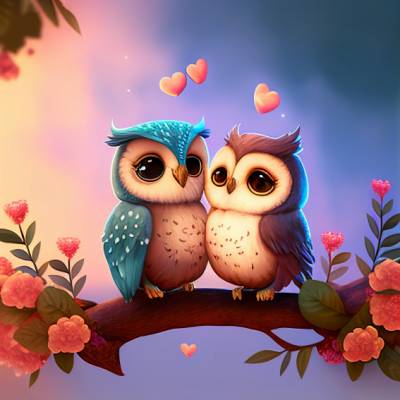 Diamond Painting picture, pair of owls, round stones, 50x50cm, 59 colours, 3 AB, full picture