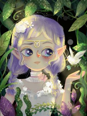 Diamond Painting picture, Bird Fairy, round stones, 50x66cm, 60 colors incl. 6 AB & 2 fairy stones, full picture
