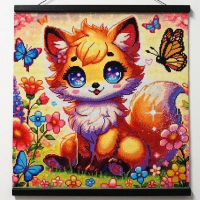 Michaela Klimes, Kleiner Fuchs, runde Steinchen, 50x50cm, 61 Farben inkl. AB & Feensteine, Vollbild