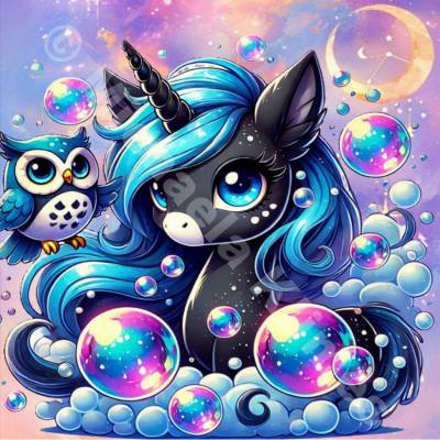 Michaela Klimes, Bubble Unicorn, eckige Steinchen, 50x50cm, 50 Farben inkl. AB & Feensteine, Vollbild