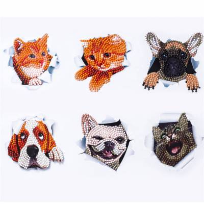 Sticker-Set, bestehend aus 6 Aufklebern, Motiv Hunde/Katze (MB39), Painting-Set komplett mit runden Steinchen