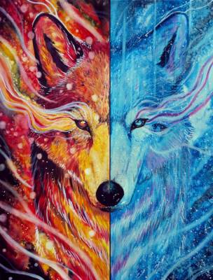 Jonna Hyttinen, Fire and Ice Wolf, round stones, approx. 60x80cm, 65 colours, full image
