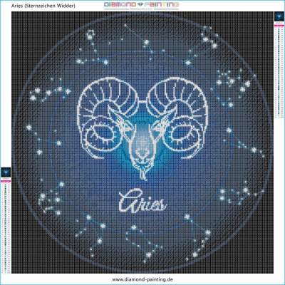 Vorlage (ohne Steine) Sternzeichen Widder, Glow in the dark - Nachtleuchtend, 60x60cm, 45 Farben, für runde Steine, Vollbild