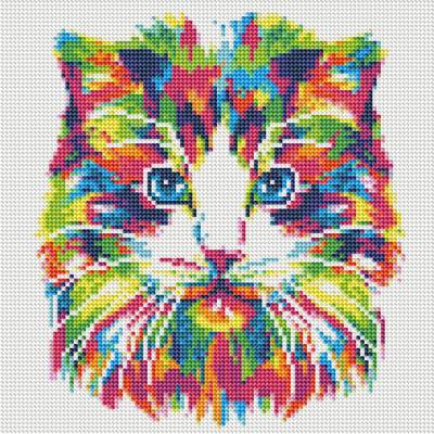 Diamond Painting Bild, bunte Katze, runde Steinchen, 30x30cm, 20 Farben, Vollbild