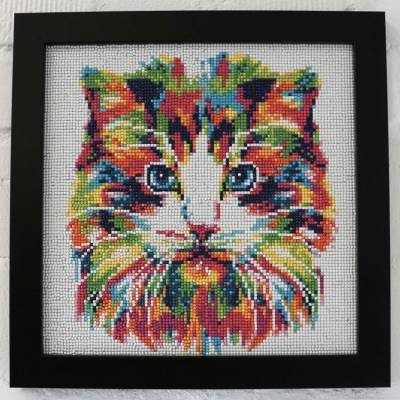 Diamond Painting Bild, bunte Katze, runde Steinchen, 30x30cm, 20 Farben, Vollbild