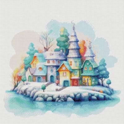 Diamond Painting Bild, Winter Village, runde Steinchen, 60x60cm, 45 Farben, Vollbild