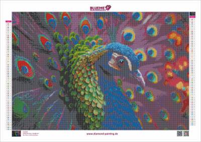 Diamond Painting Bild, Edler Pfau, runde Steinchen, 50x75cm, 63 Farben inkl. 4 AB, Vollbild