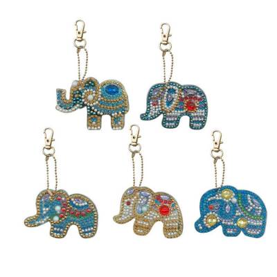 Schlüsselanhänger-Set, bestehend aus 5 Anhängern, Motiv Elefanten, Painting-Set komplett mit Strass Steinchen