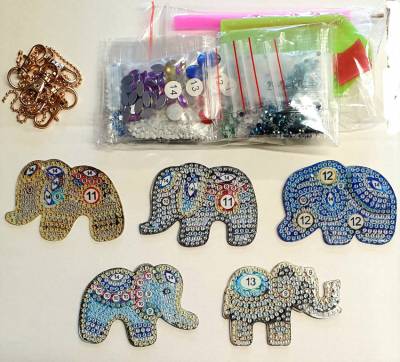 Keyring set, consisting of 5 pendants, motif elephants, painting set complete with rhinestones