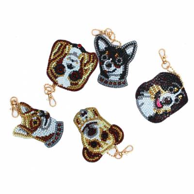 Keyring set, consisting of 5 pendants, motif dogs, painting set complete