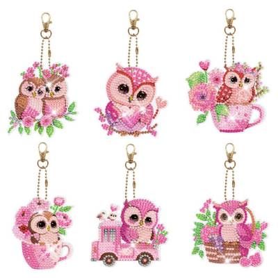 Keyring set, consisting of 6 pendants, motif Owls, painting set complete with rhinestones