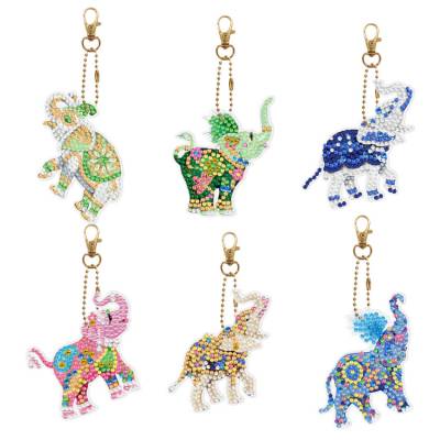 Keyring set, consisting of 6 pendants, motif elephants, painting set