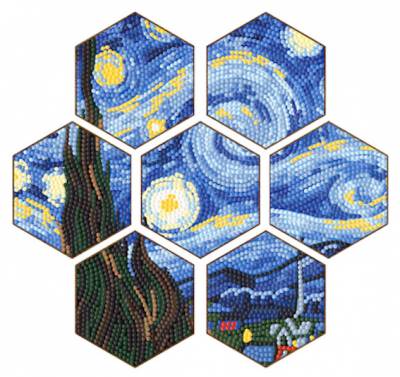 Untersetzer, 7 Stück mit Aufbewahrungs-Ständer, Vincent van Gogh - Sternennacht auf Schichtholzplatte, runde Steine