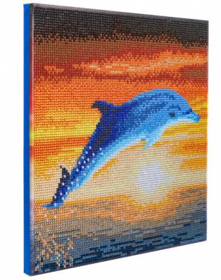 Diamond Painting Bild auf Keilrahmen gespannt, Dolphin Sunrise, runde Diamanten, ca. 30x30cm, Vollbild