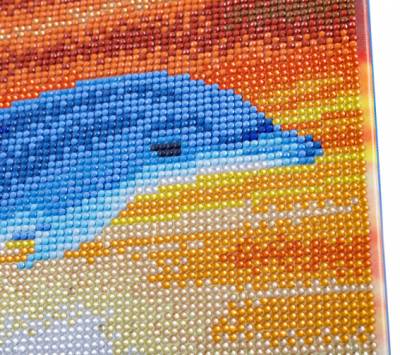 Diamond Painting Bild auf Keilrahmen gespannt, Dolphin Sunrise, runde Diamanten, ca. 30x30cm, Vollbild