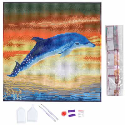 Diamond Painting Bild auf Keilrahmen gespannt, Dolphin Sunrise, runde Diamanten, ca. 30x30cm, Vollbild