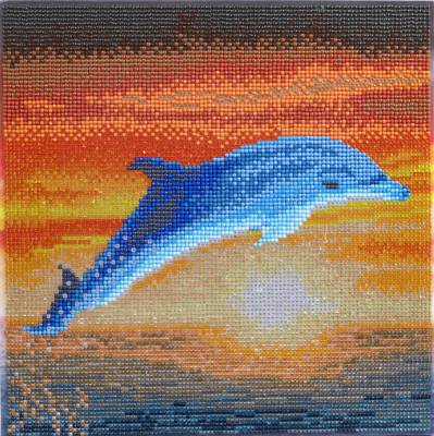 Diamond Painting Bild auf Keilrahmen gespannt, Dolphin Sunrise, runde Diamanten, ca. 30x30cm, Vollbild