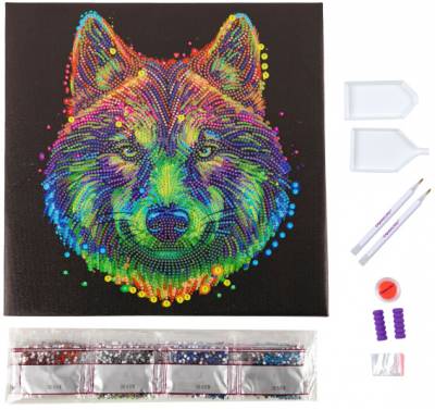 Diamond Painting Bild auf Keilrahmen gespannt, Colourful Wolf, runde Strass-Diamanten, ca. 30x30cm, Teilbild