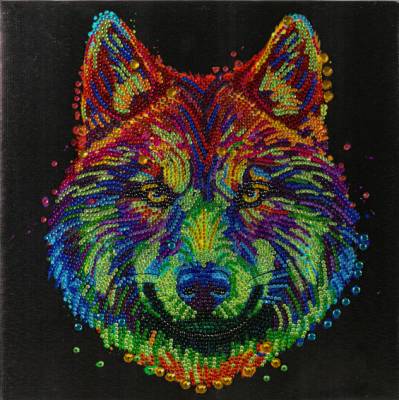 Diamond Painting Bild auf Keilrahmen gespannt, Colourful Wolf, runde Strass-Diamanten, ca. 30x30cm, Teilbild