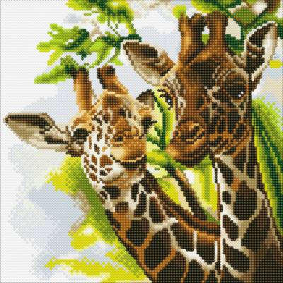 Diamond Painting Bild auf Keilrahmen gespannt, Friendly Giraffes (Giraffen), runde Diamanten, ca. 30x30cm, Vollbild
