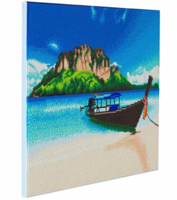 Crystal Art Kit, auf Keilrahmen gespannt, Beach Boat, runde Steine, ca. 50x40cm, Vollbild