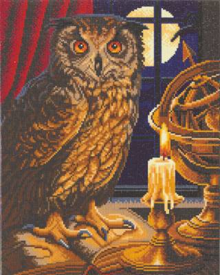 Crystal Art Kit, stretched on a wooden stretcher, The Astrologer Owl, round stones, approx. 50x40cm, full image