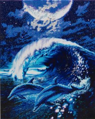 Diamond Painting Bild auf Keilrahmen gespannt, Moonlight Tryst Dolphins, runde Diamanten, ca. 50x40cm, Vollbild