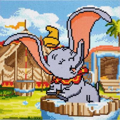 Diamond Painting picture stretched on wooden frame, Disney Dumbo`s Bath, round diamonds, 30x30cm, full size picture