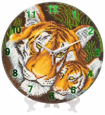 Diamond Painting Uhr, 30cm, mit Aufsteller und Uhrwerk, Tiger, runde Diamanten