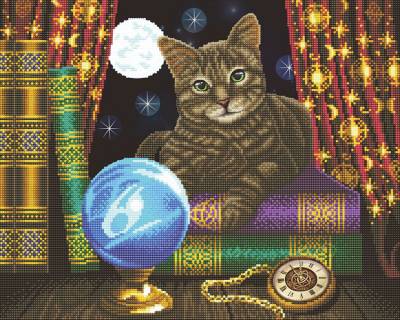 Diamond Painting Bild mit LED Beleuchtung, Lisa Parker - Fortune Teller Cat, runde Diamanten, ca. 50x40cm, Vollbild