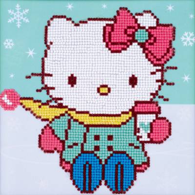 Diamond Painting Bild, Hello Kitty in the snow, runde Steinchen, ca. 22x22cm, 6 Farben incl.1 AB Farbe, Teilbild