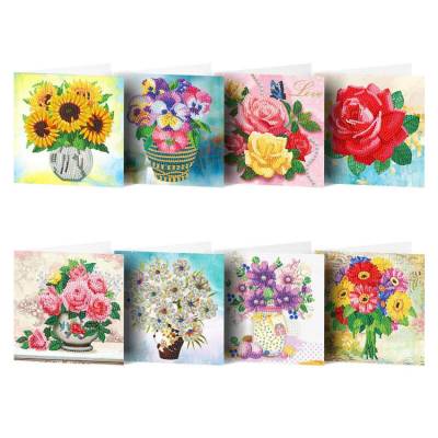 Grußkarten-Set mit 8 Motiven, Blumen, Painting-Set komplett mit runden Steinchen
