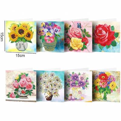 Grußkarten-Set mit 8 Motiven, Blumen, Painting-Set komplett mit runden Steinchen