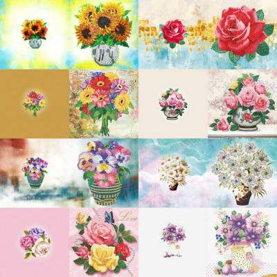 Grußkarten-Set mit 8 Motiven, Blumen, Painting-Set komplett mit runden Steinchen