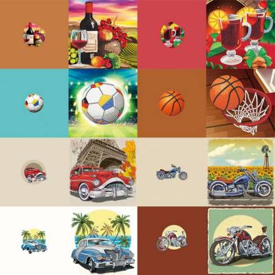 Grußkarten-Set mit 8 Motiven, Fahrzeuge, Sport & Wein, Painting-Set komplett mit runden Steinchen