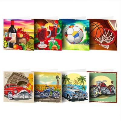 Grußkarten-Set mit 8 Motiven, Fahrzeuge, Sport & Wein, Painting-Set komplett mit runden Steinchen