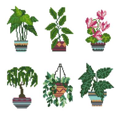 Diamond Painting Tiny-Bilder, Pflanzen, eckige Steine, 6 Bilder á 12x17cm, 19 Farben, Teilbild