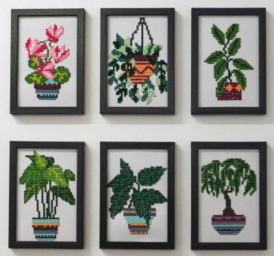 Preview: Diamond Painting Tiny-Bilder, Pflanzen, eckige Steine, 6 Bilder á 12x17cm, 19 Farben, Teilbild