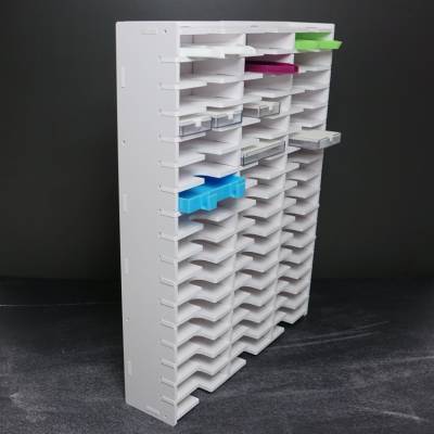 Schiffchen-Regal weiß, für kleine Trabricks, ca. 44,6x35x7,6cm, 51 Fächer ca. 11x6,7x2cm, Aufbewahrungsbox