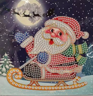 Weihnachtskarte Weihnachtsmann mit Schlitten, Painting-Set komplett mit runden Steinchen