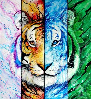 Jonna Hyttinen, Element Tiger, 4-Teiler, runde Steinchen, 4x 30x140cm, 150 Farben, Vollbild